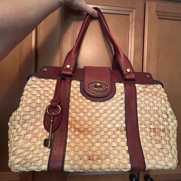 Fossil Natural Straw Brown Leather Trim Satchel Purse - Picture 8 of 15